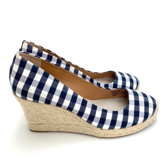 J.CREW Gingham Check Canvas Espadrilles Wedge Heel Blue / White Size 9.5 # E8117 - Picture 5 of 11